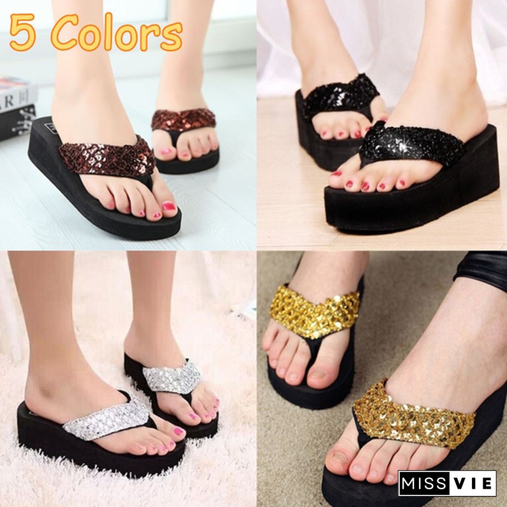 Women Summer Bling Strap Flip Flops Beach Slippers Shoes Mules Platforms Sandals