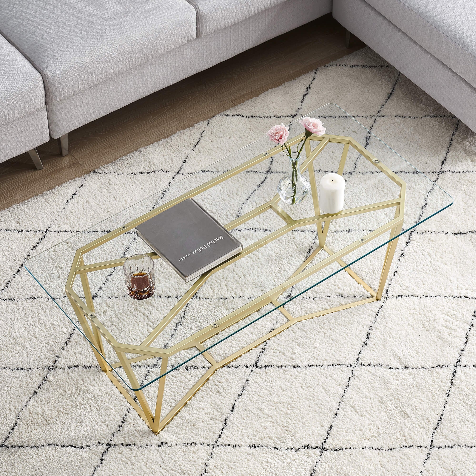 ivinta Modern Gold Glass Coffee Table for Living Room with Metal Frame - 43.30