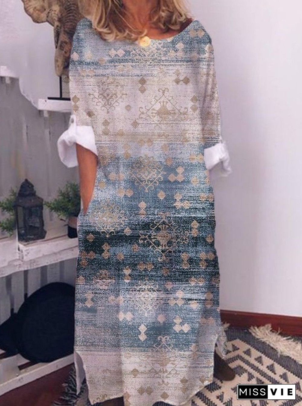 Retro Print Casual Long sleeved Maxi Dress