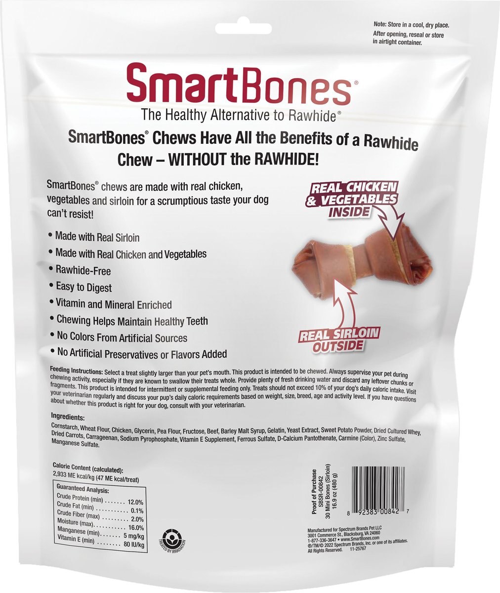 SmartBones Sirloin Minis Real Chicken， Vegetables and Sirloin Dog Treats， 30 count