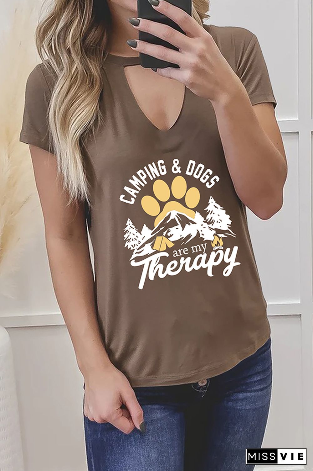 Camping and Dogs are my Therapy Graphic Tees for Women Wholesale Short Sleeve T shirts Top