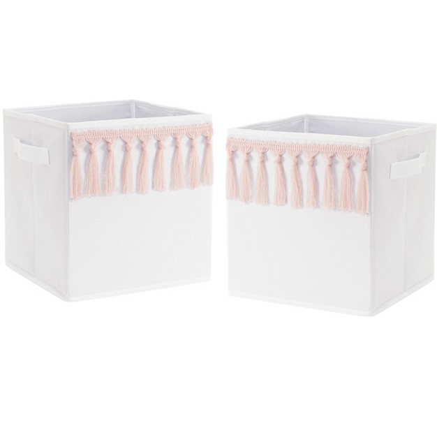 Sweet Jojo Designs Girl Set Of 2 Kids x27 Decorative Fabric Storage Bins Boho Fringe White And Pink