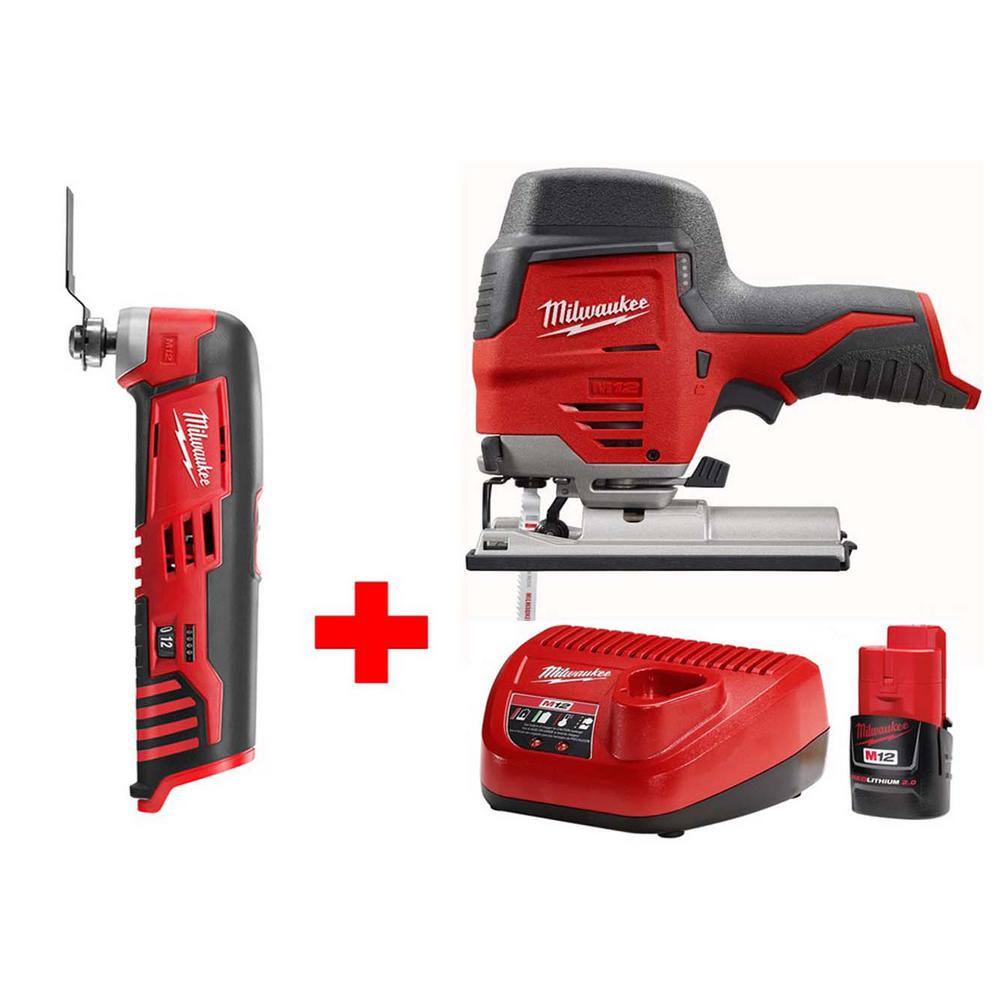 MW M12 12V Lithium-Ion Cordless Jig Saw and Multi-Tool Combo Kit W (1) 2.0Ah Battery and Charger 2445-20-2426-20-48-59-2420