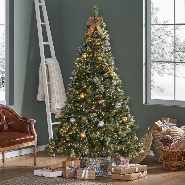 7.5' Christmas Tree with Snow and Glitter and 86 Frosted Pine Cones and 750 Clear LED Lights