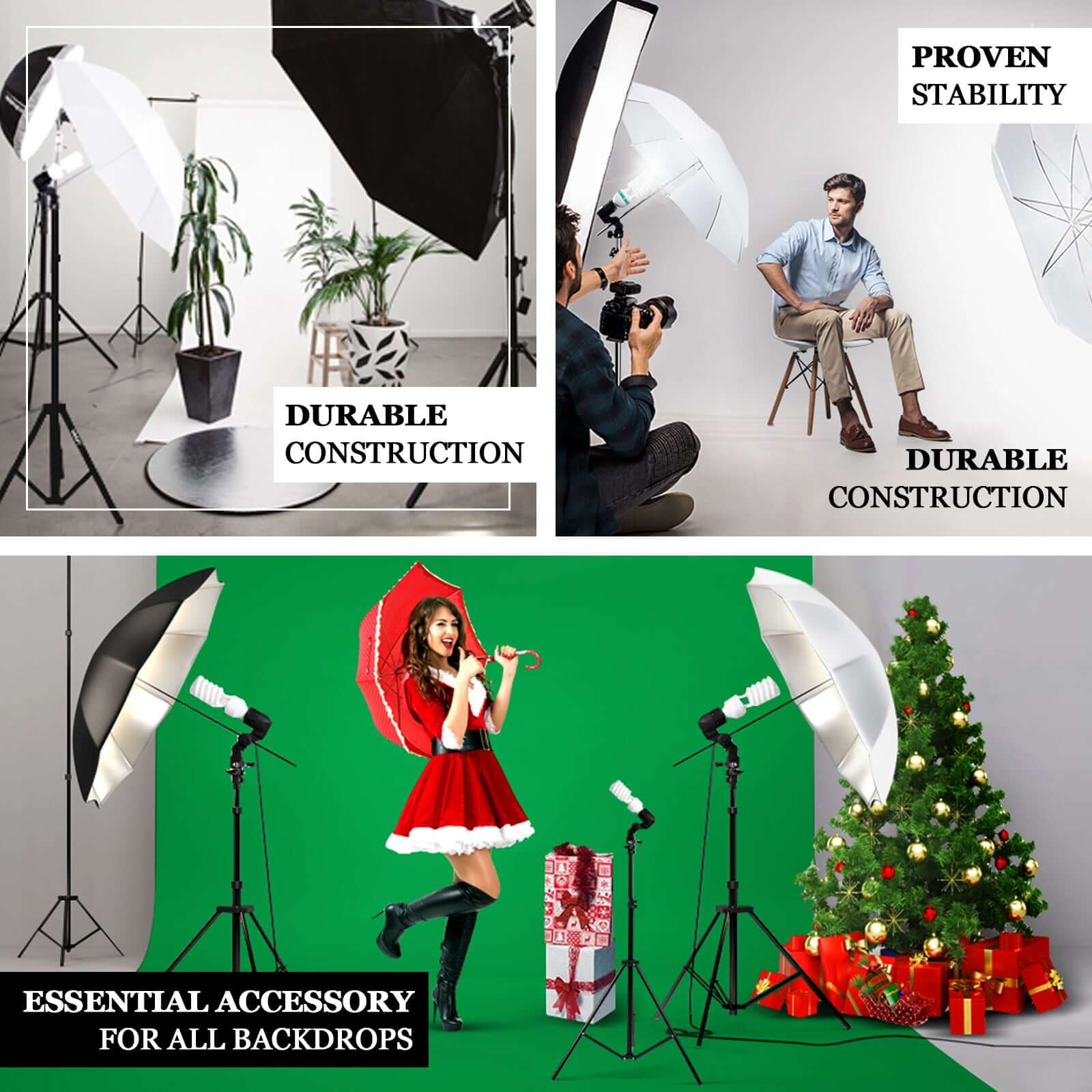 Photo Video Studio Lighting & Background Support System Kit, 600W White Umbrella With Chromakey Backdrop Muslins (Green Black White) - Free Carry Case Included 10ft