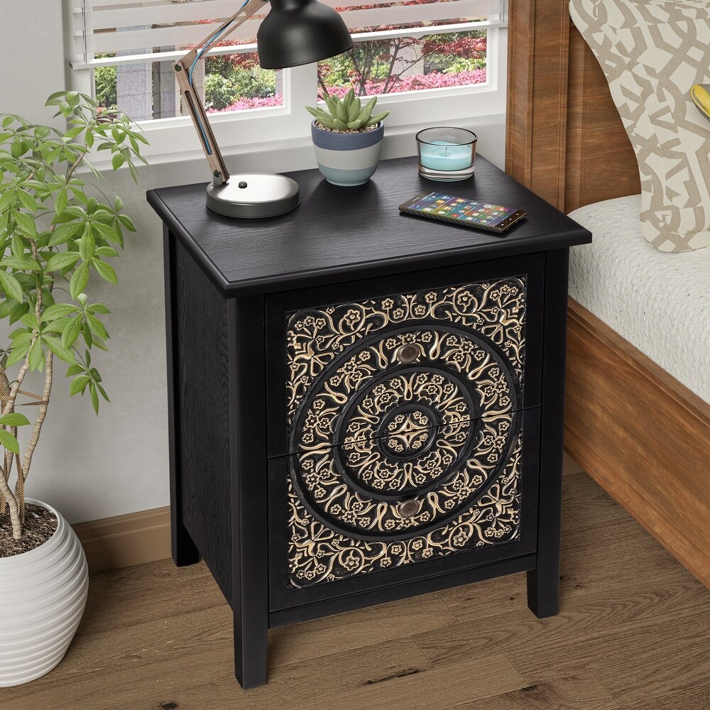 COZAYH Farmhouse Fully Assembled Nightstand with 2 Drawer  Flower Motif End Table for Small Spaces  French Country