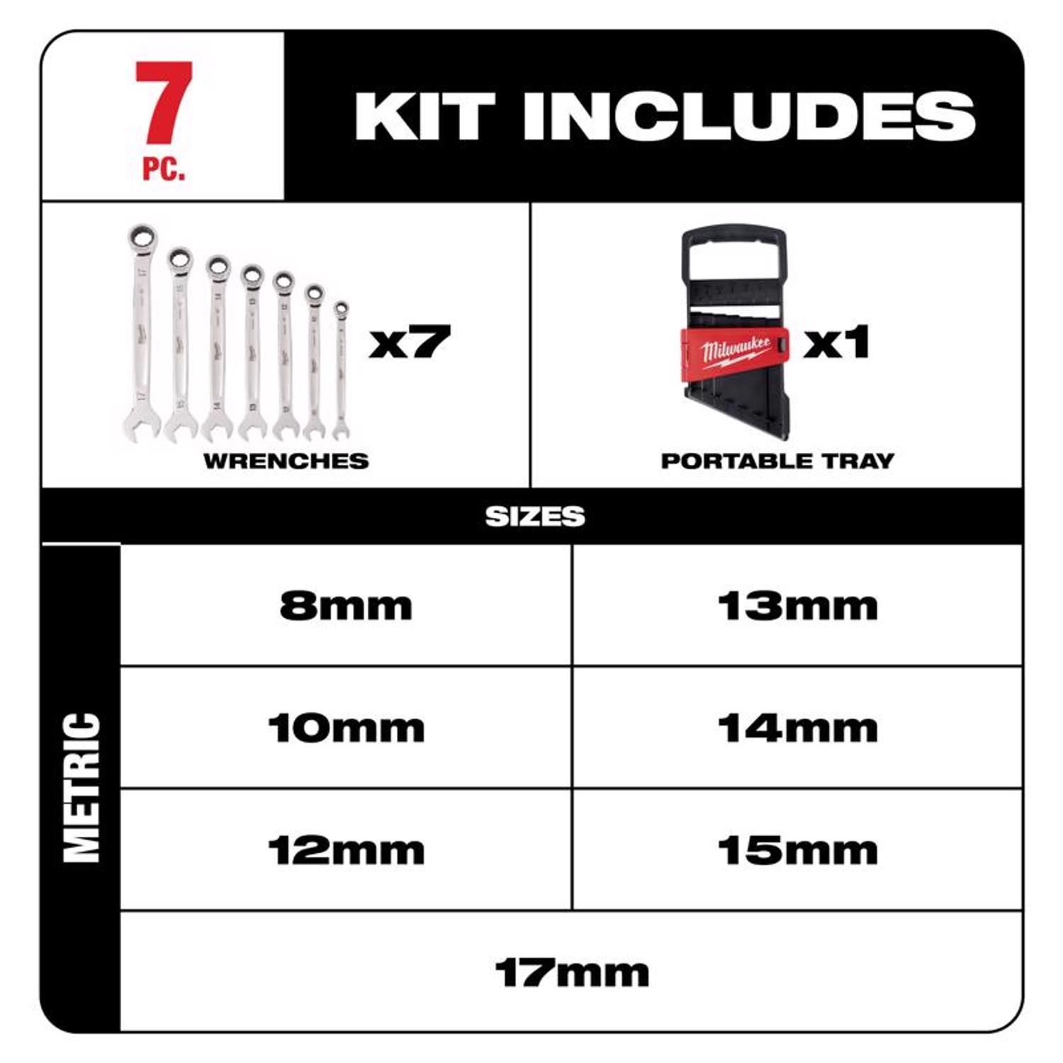 MW Metric Ratcheting Combination Wrench Set 12 in. L 7 pc