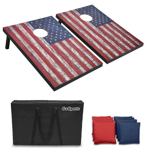 GoSports American Flag Cornhole Set with Wood Plank Design - Includes Two 3' x 2' Boards, 8 Bean Bags, Carrying Case and Game Rules