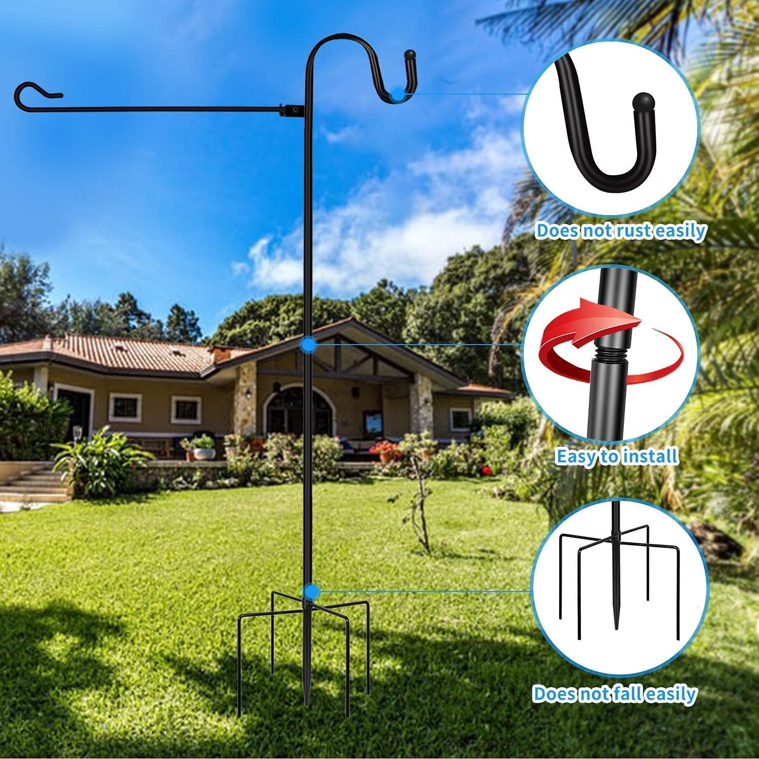 BIMZUC Flag Poles for Outside House,Garden Flag Stand and Shepherd Hook, Heavy Duty Garden Flag Holder, Rust Resistant Yard Flag Pole Holder for Flag, Lights and Plants 48inch(Without Solar Lights)