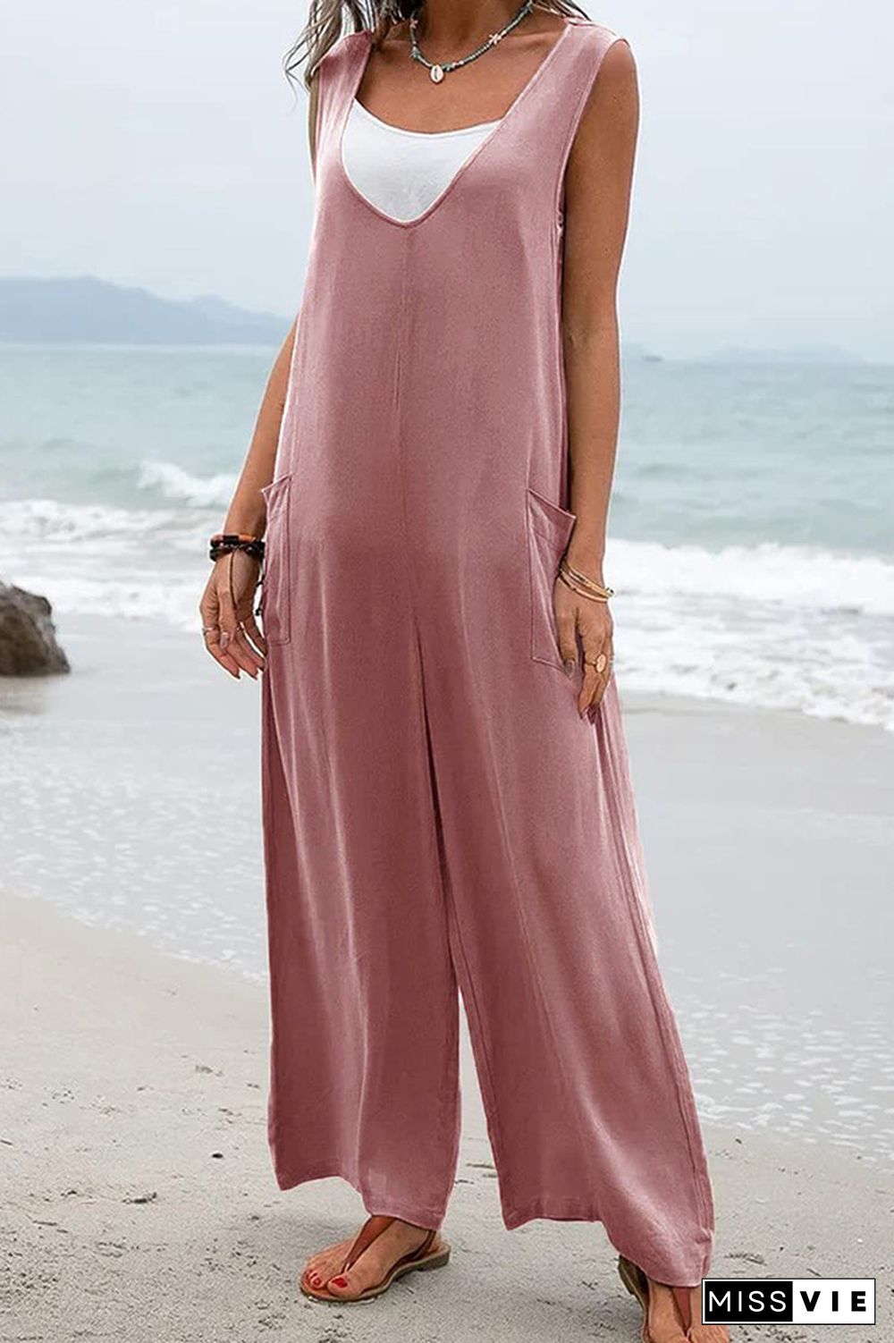 Plain V Neck Pockets Sleeveless Jumpsuit