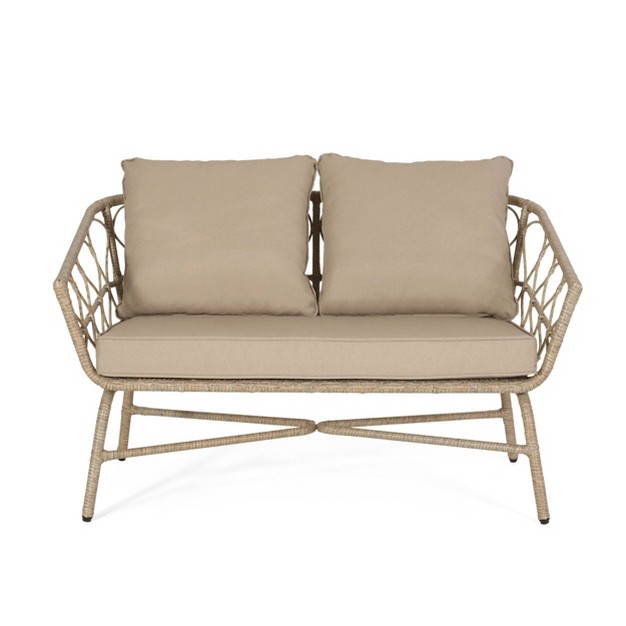 Bruce Outdoor Wicker Loveseat With Cushions Light Brown beige Christopher Knight Home