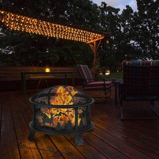 Costway 26 in. Outdoor Wood Burning Steel Fire Pit Firepit Bowl with Spark Screen Poker JV10211