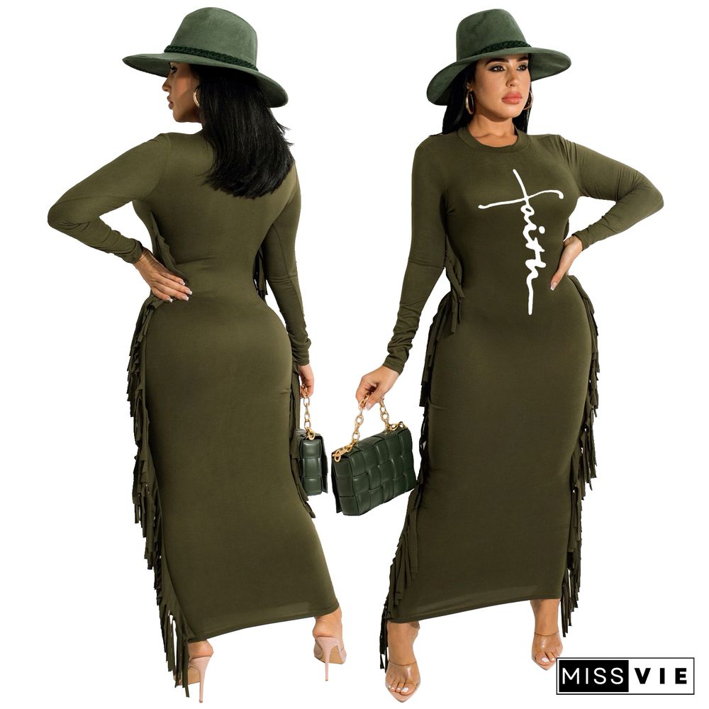 Letter Print Long Sleeve Side Tassel Skinny Maxi Dress