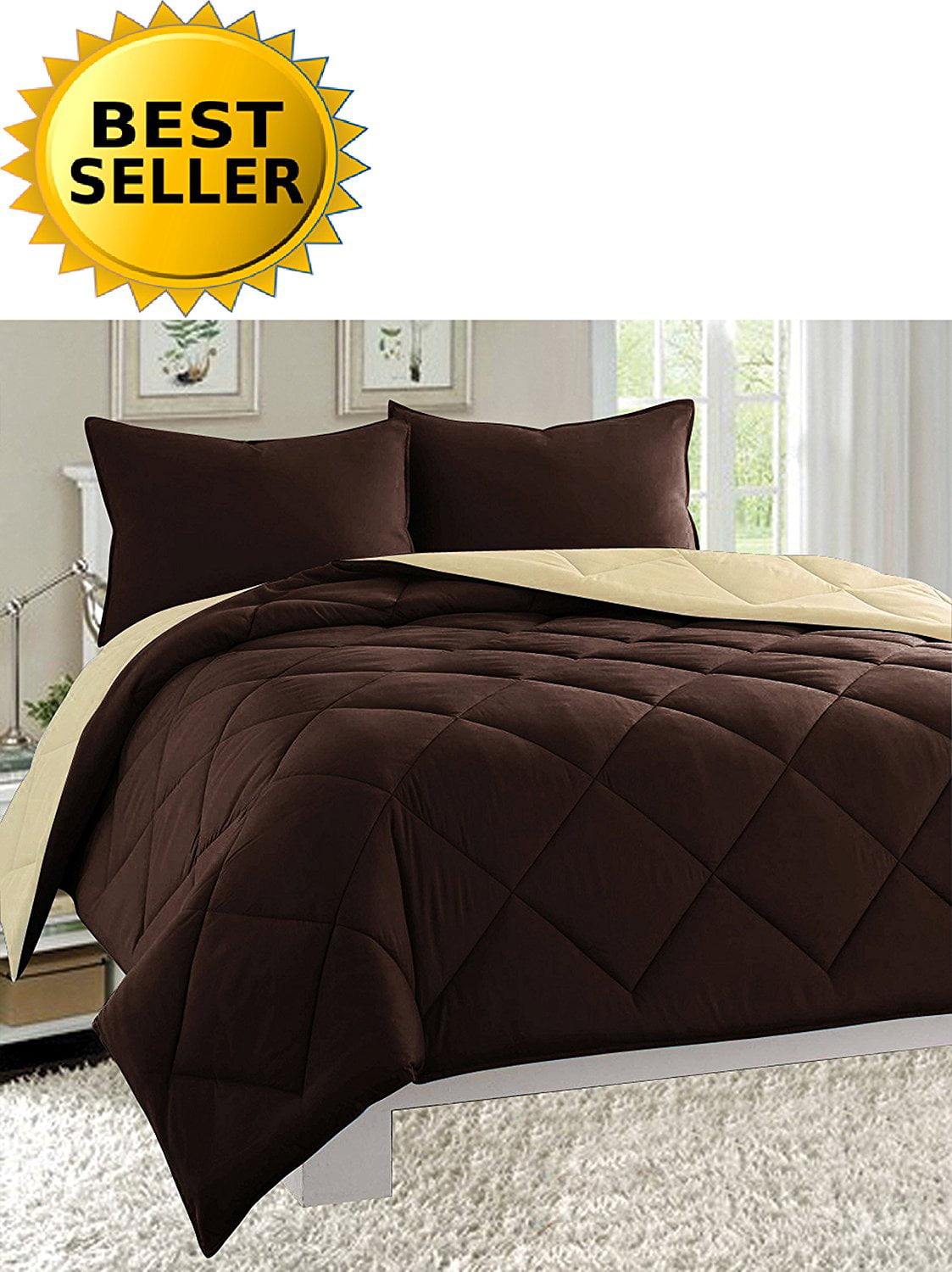 Down Alternative 3pc Comforter Set-Full/Queen， Brown/Cream