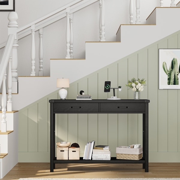 Console Table with 2 Drawers， Farmhouse Sofa Table with Storage Shelf， Accent Wood Entryway Table for Living Room