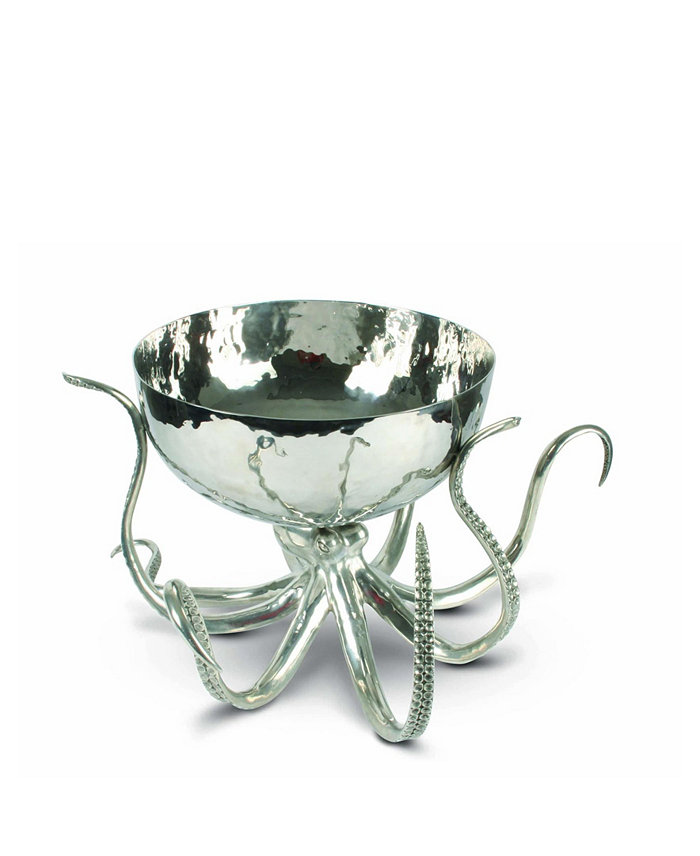 Vagabond House Pewter Octopus with Hand Hammered Stainless Steel Ice Tub Punch Bowl