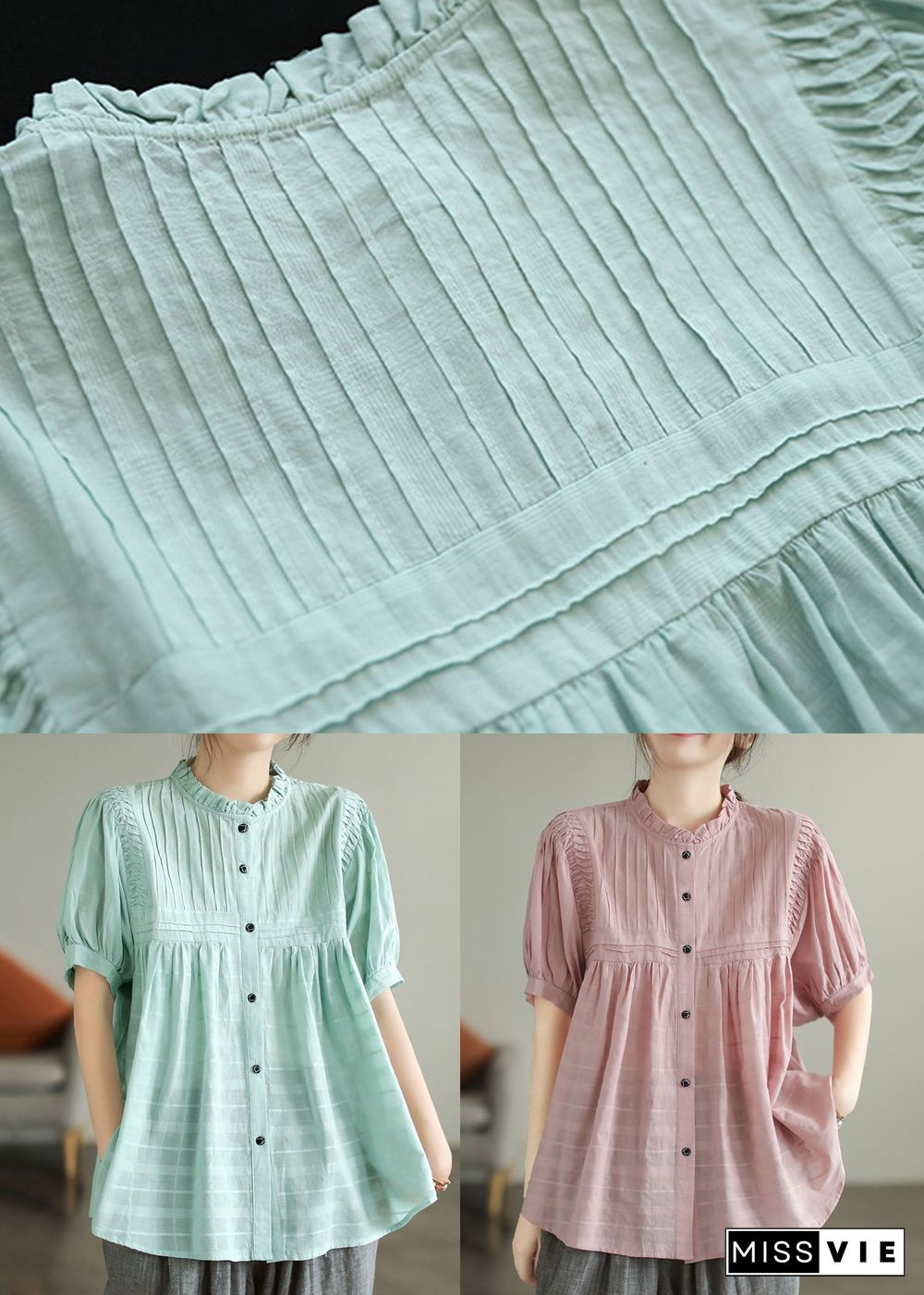 Handmade Pink Ruffled Button Patchwork Cotton Blouse Summer