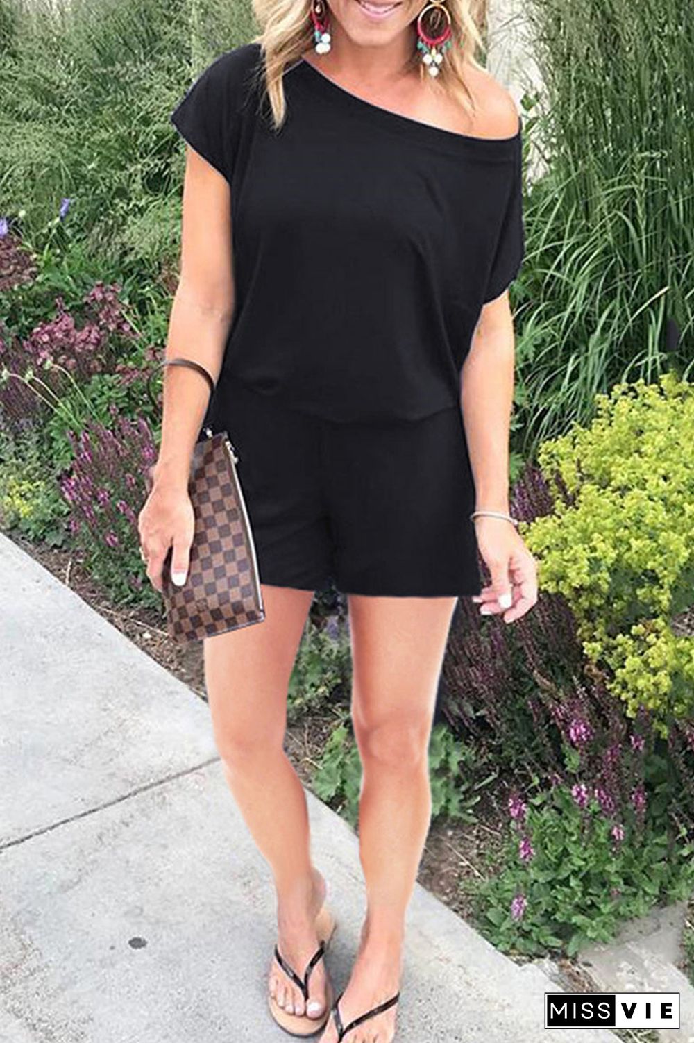 Skew Neck Solid Short Sleeve Romper