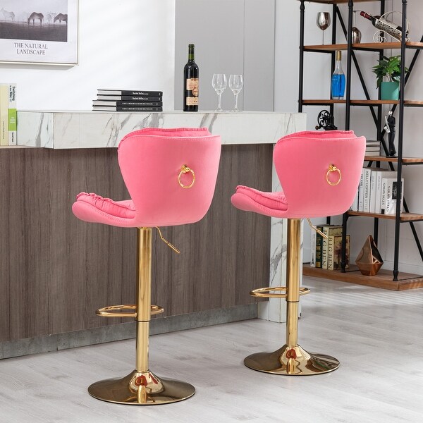 Modern Bar Stools with Chrome Footrest and Base Swivel Height Adjustable Mechanical Lifting Velvet， Golden Leg， Set of 2