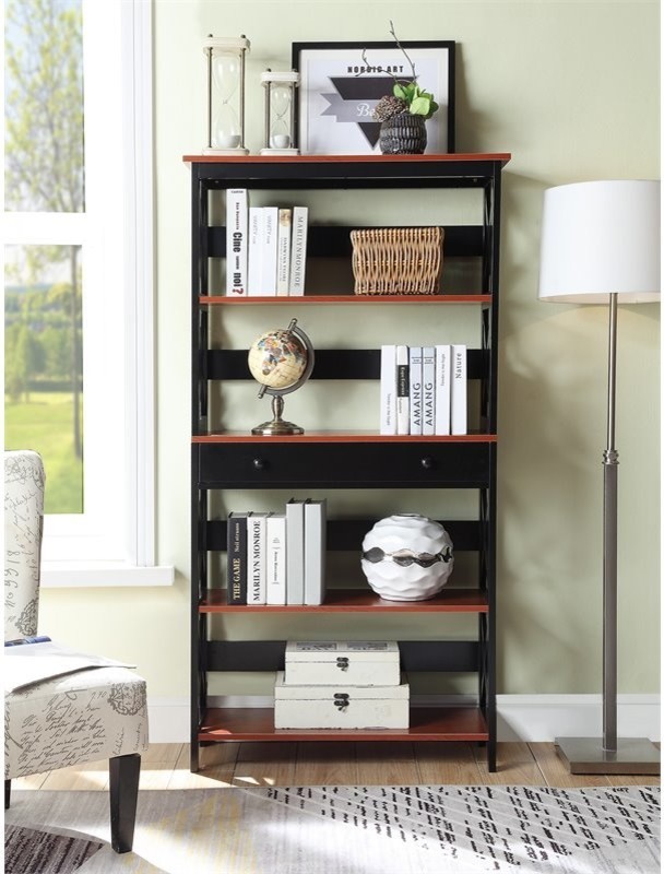 Convenience Concepts Oxford Five Tier Bookcase in Cherry and Black Wood Finish   Transitional   Bookcases   by Homesquare  Houzz