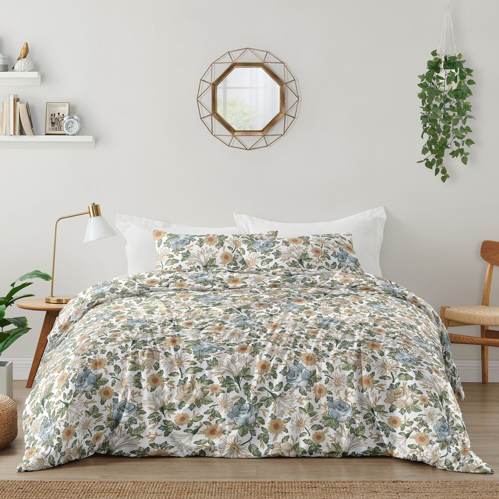 Vintage Floral Blue Yellow Girl 3pc Full/Queen Comforter Set Green Gold Orange Taupe White Shabby Chic Rose Flower Boho Bohemian