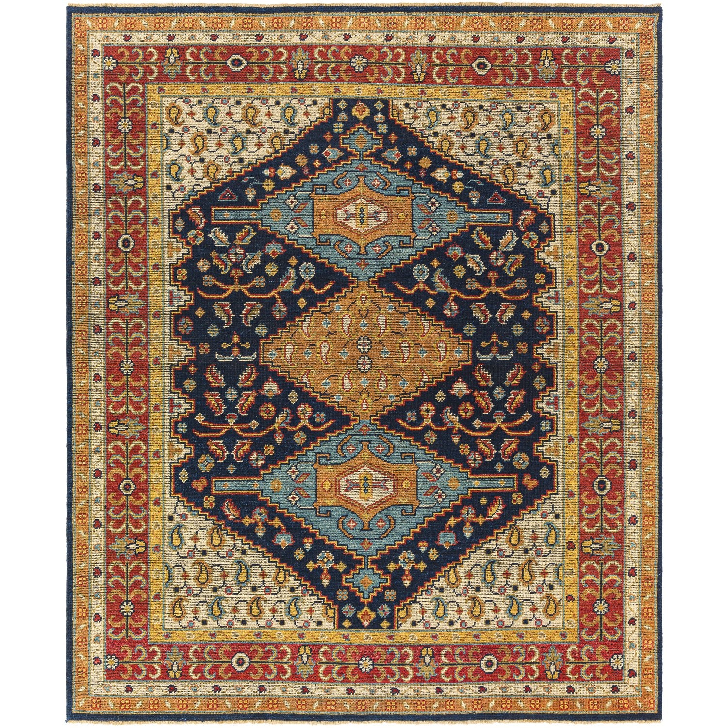 Reign Hand Knotted Rug in Navy, Camel, Khaki, Brick, Wheat, Denim, Tan