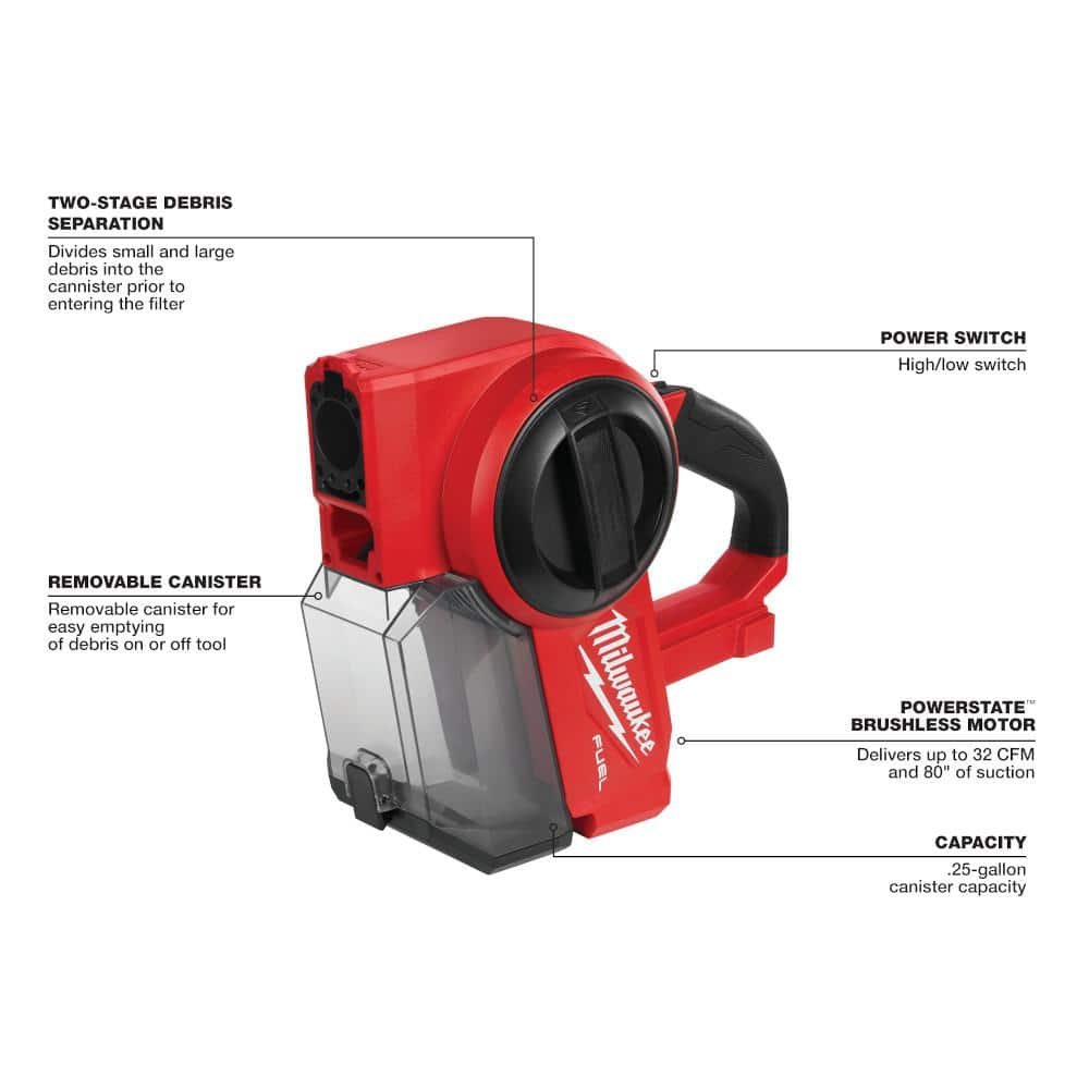 Milwaukee M18 FUEL 18-Volt Lithium-Ion Brushless 0.25 Gal. Cordless Jobsite Vacuum (Vacuum-Only) 0940-20