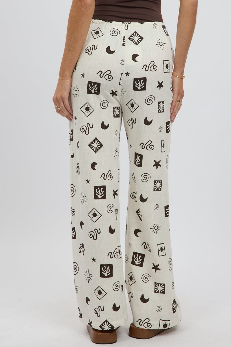Beige Abstract Wide Leg Pants High Rise