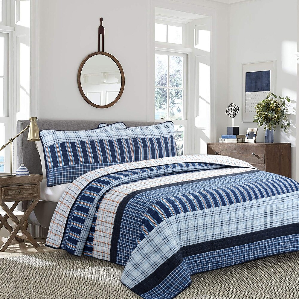 Cozy Line Navy Orange Stripe Reversible Cotton Quilt Bedding Set