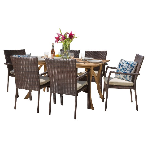 Corleone 7pc Acacia Wood amp All weather Wicker Dining Set Uv protected Cushioned Seating Christopher Knight Home