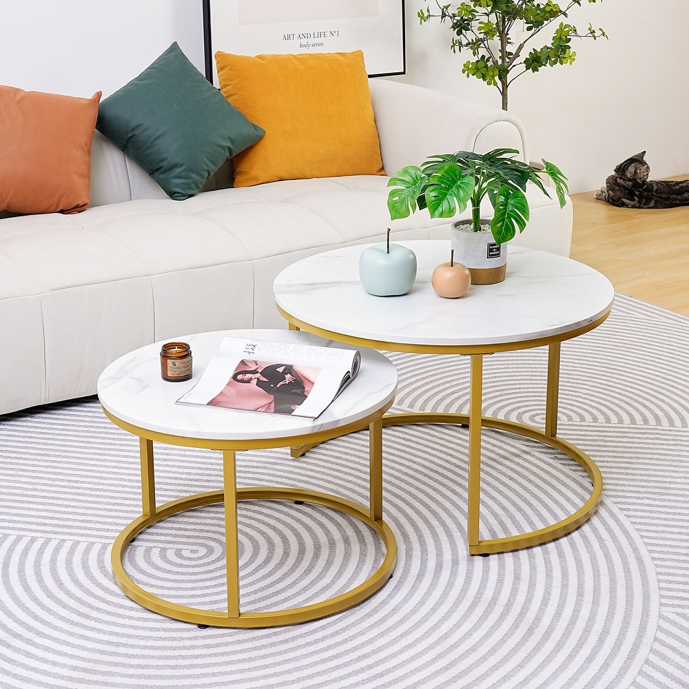 Modern White Marble Coffee Table  Industrial Round Metal Frame in Golden Style   Set of 2 Living Room or Lounge