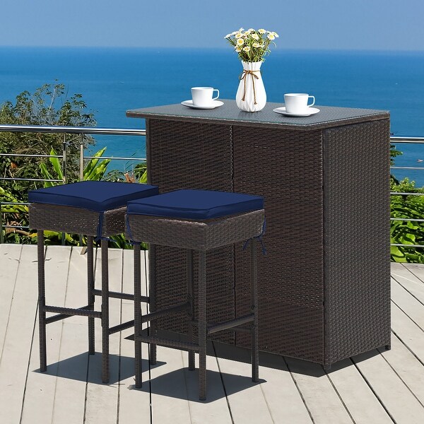 Costway Patio 3PCS Rattan Bar Table Stool Set Cushioned Chairs with