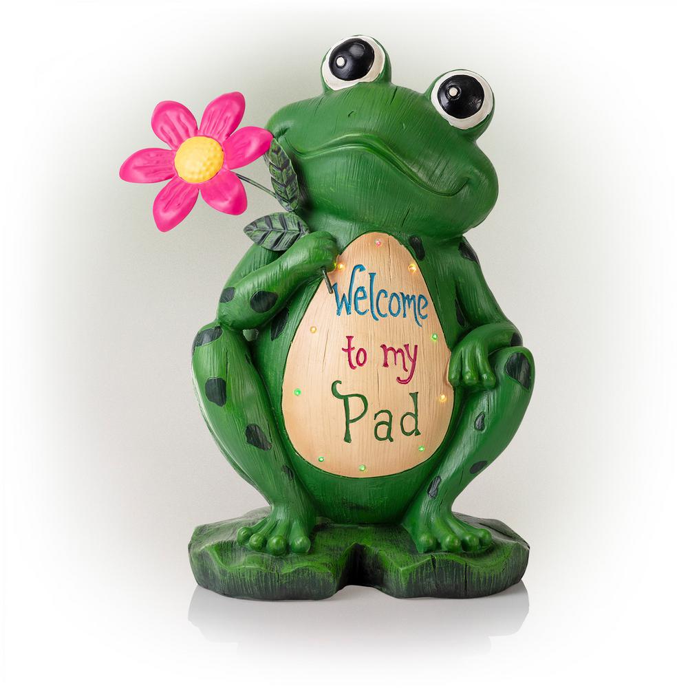 Alpine Corporation 12" x 9" x 18" Polyresin Lighted Welcome Frog Garden Statue, Green/Pink