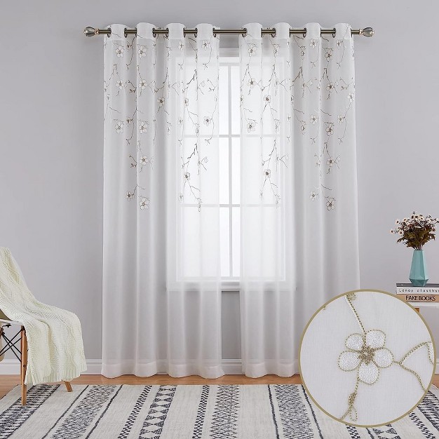 Floral Embroidery Sheer Curtains Flower Voile Semi Sheers Drape Panels Grommet Curtains For Living Room Bedroom