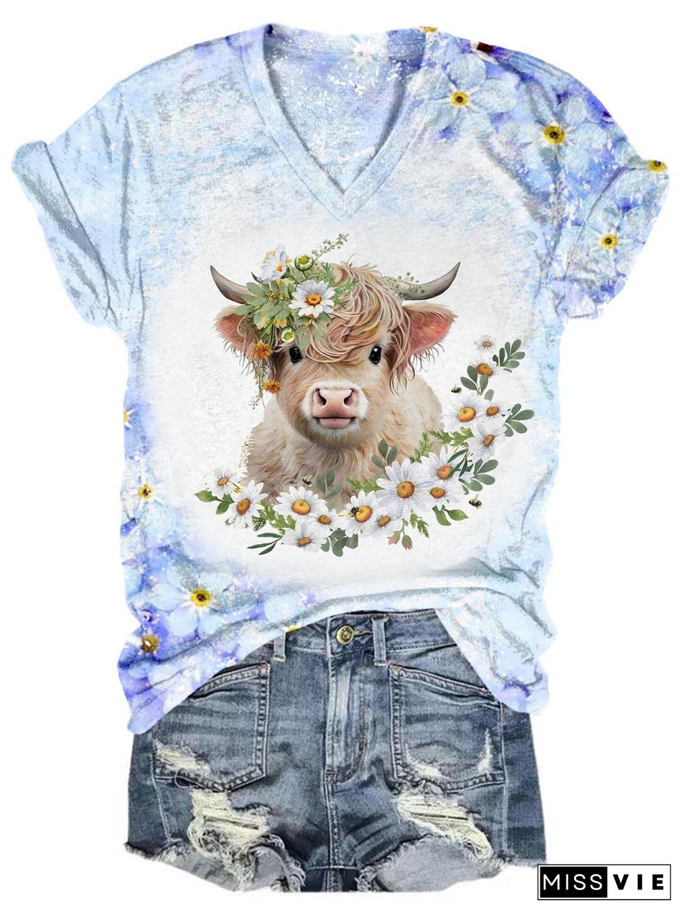 Daisy Highland Cow Tie Dye V Neck T-Shirt