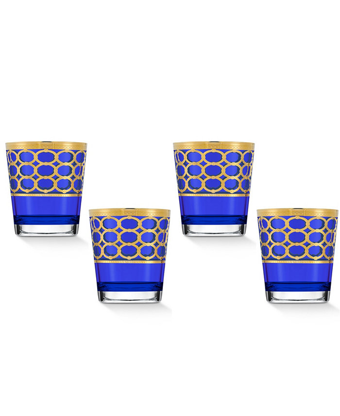 Lorren Home Trends Cobalt Blue Double Old Fashion with Gold-Tone Rings Set of 4