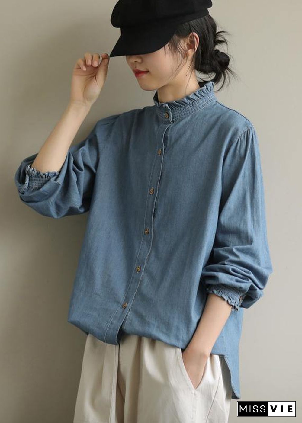 DIY stand collar Button Down top Fashion Ideas blue blouses