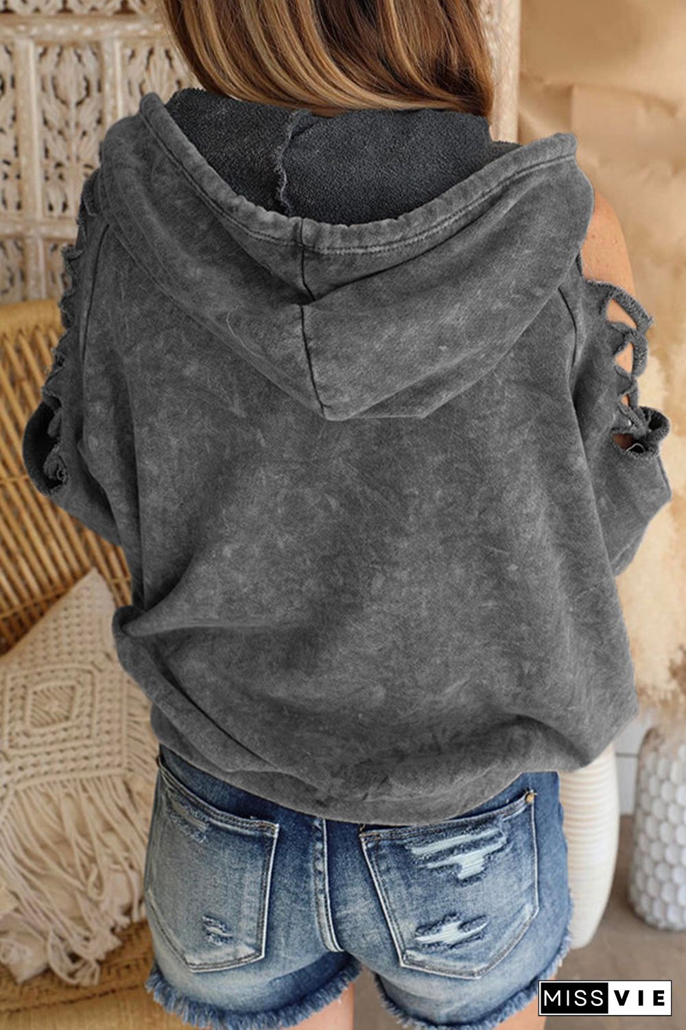 Gray Cut Out Retro Kangaroo Pocketed Pullover Hoodie