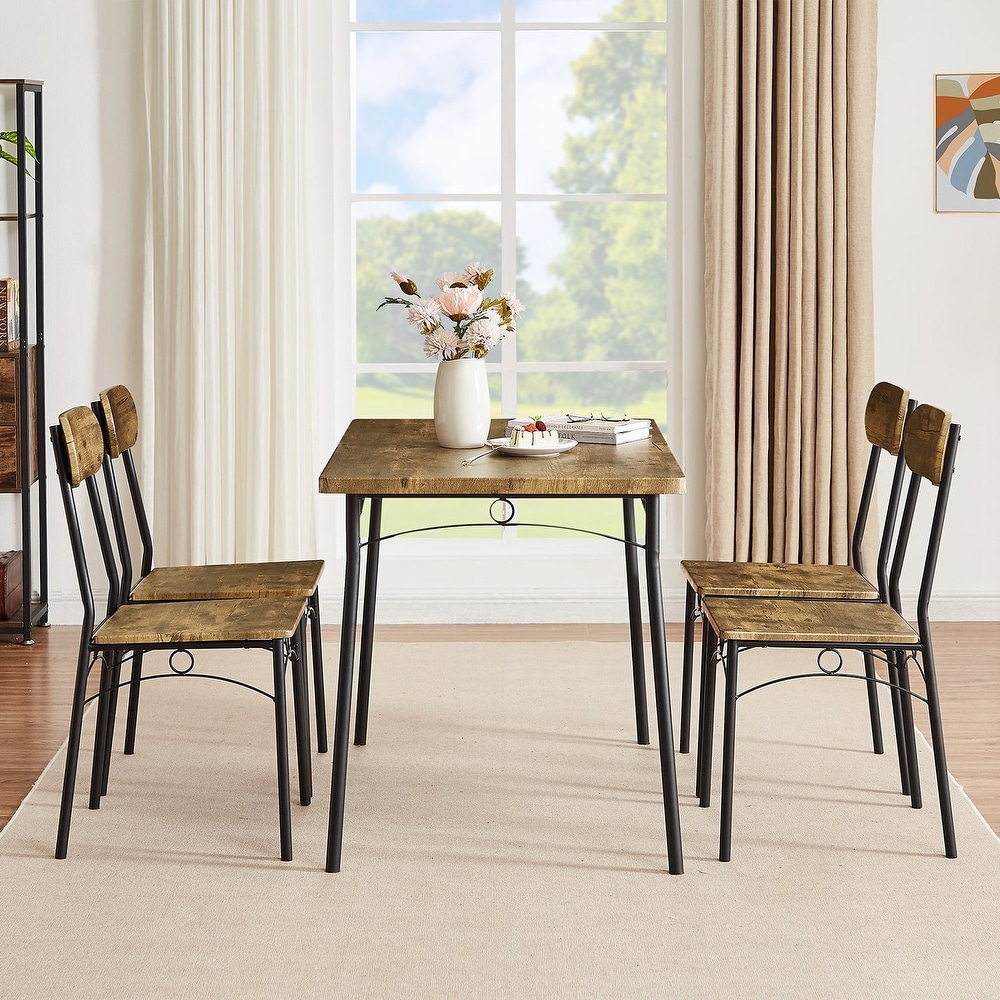 VECELO Dining Table Set  Kitchen Table with 4 Chairs  Metal and Wood Rectangular 5 Piece Dining Table