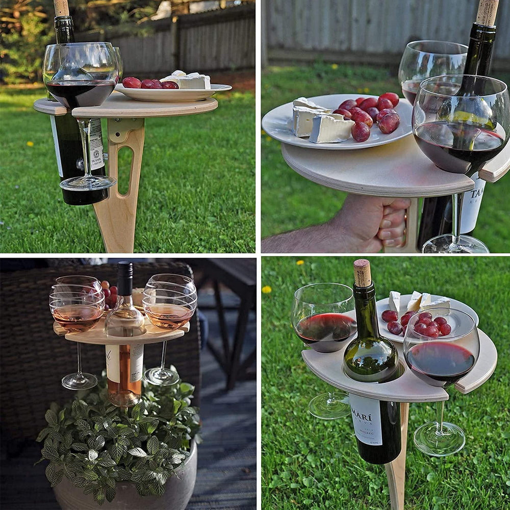 Outdoor Wine Table Picnic， Holder Portable Folding Wine with Round Desktop Wooden Picnic Table for Outdoor Picnic Wine Glass Holders， Gardening， Travel， Camping， BBQ， Party