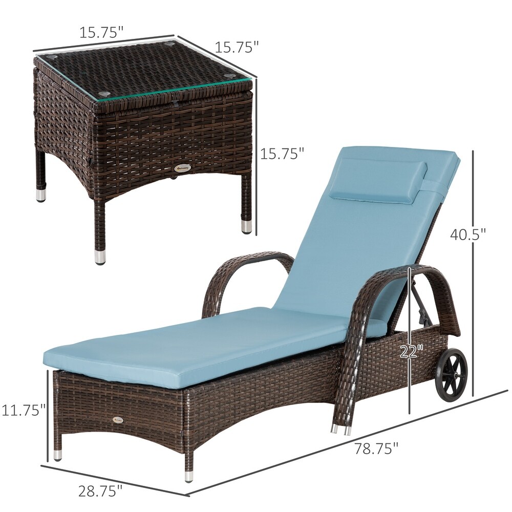 Outsunny 3 Pieces Patio Wicker Chaise Lounge Chair Set  Adjustable Outdoor PE Rattan Cushioned Lounge Set of 2 with Armrests