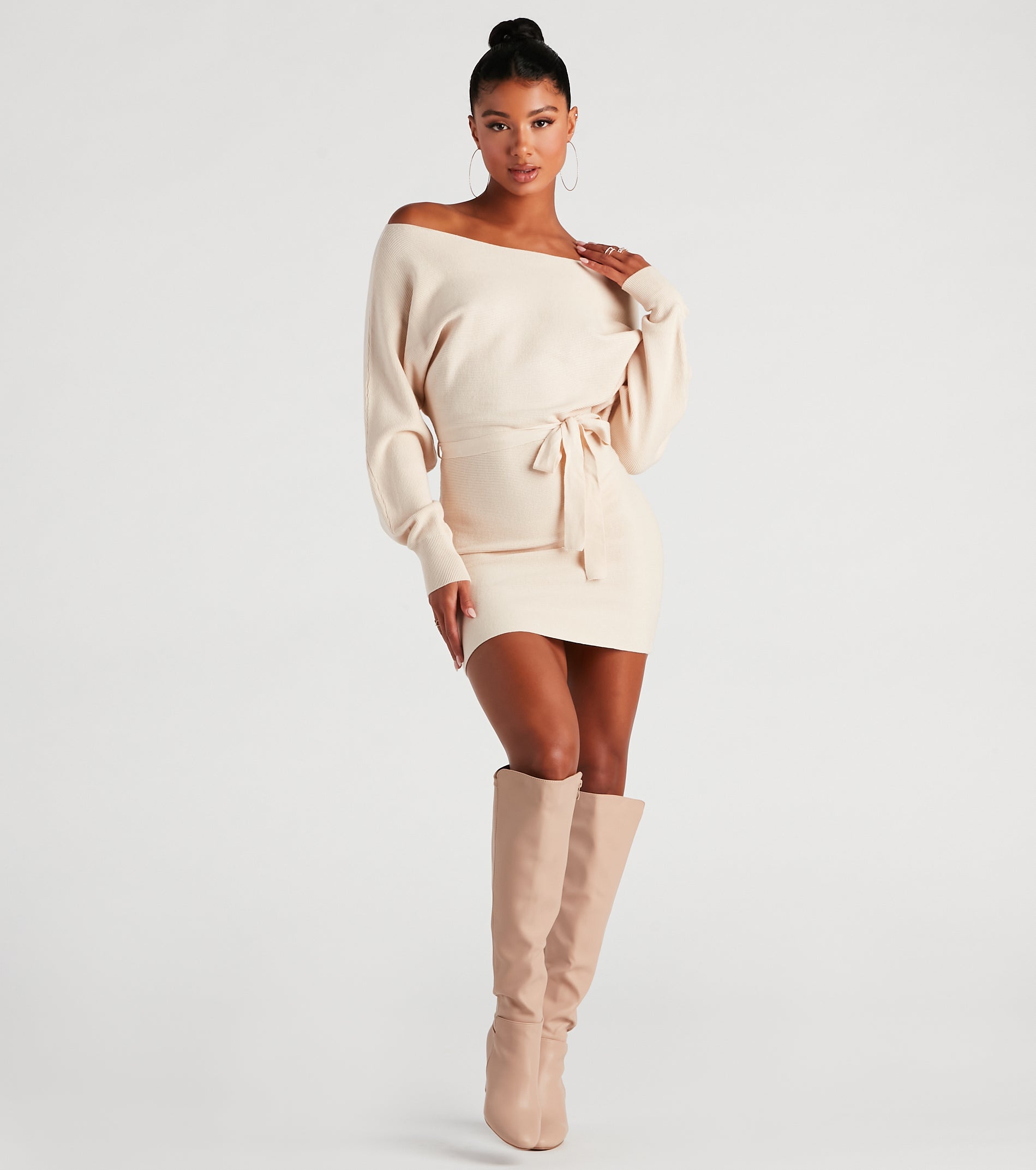 Cold Classic Dolman Sleeve Belted Sweater Dress