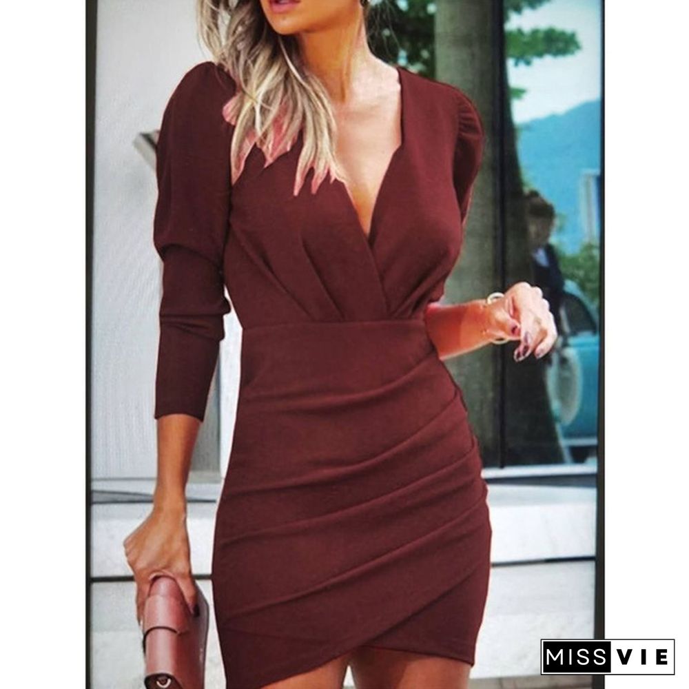 OL Style Women Fashion Long Sleeve Sexy Solid Color Bodycono V-Neck Pleated Dress Vestisdo