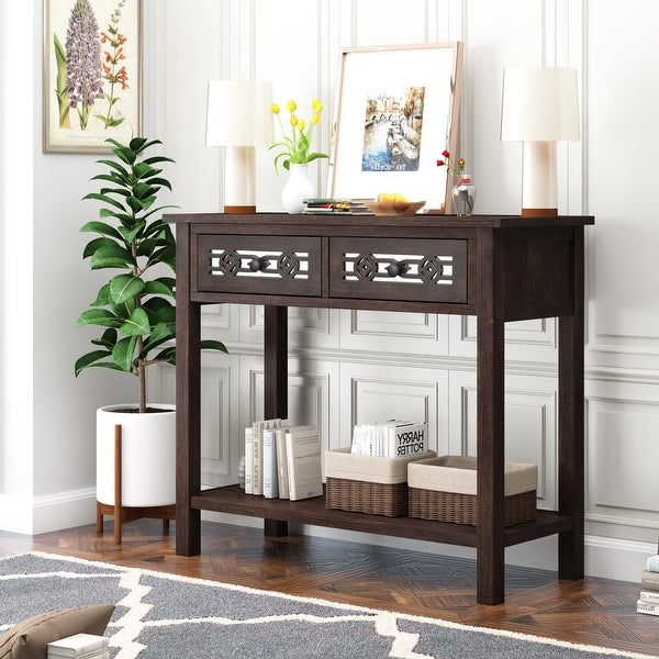 Retro Console Table with Two Top Drawers and Open Shelf