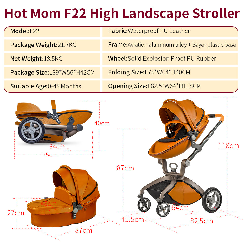 Hot Mom Baby Stroller with Adjustable Seat Height,Reversible Luxury PU Leather Travel System,Brown