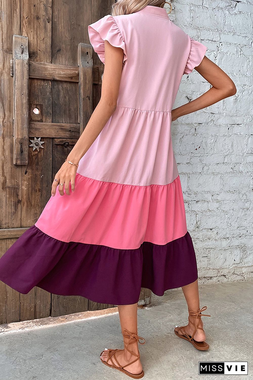 Pink Color Block Flutter Sleeves Tiered Maxi Dress