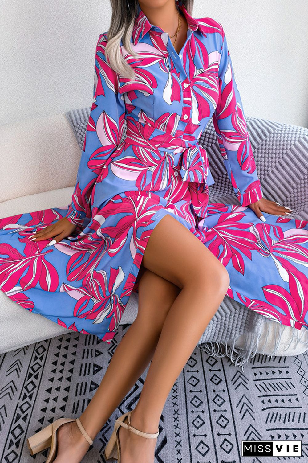 Contrast Print Button UP Split Shirt Dress