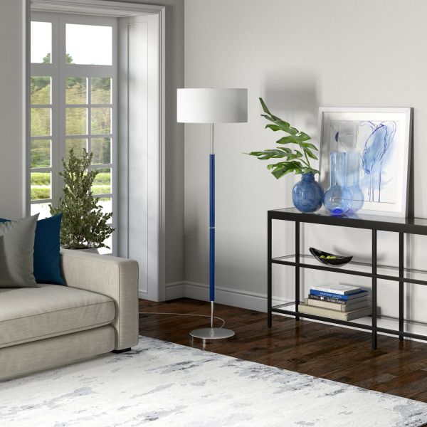 Simone 2-Light Floor Lamp with Fabric Shade in Blue/Polished Nickel/White