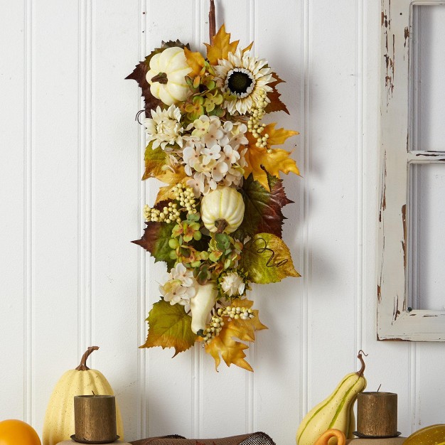 Nearly Natural 33 Fall Sunflower Hydrangea And White Pumpkin Artificial Autumn Teardrop