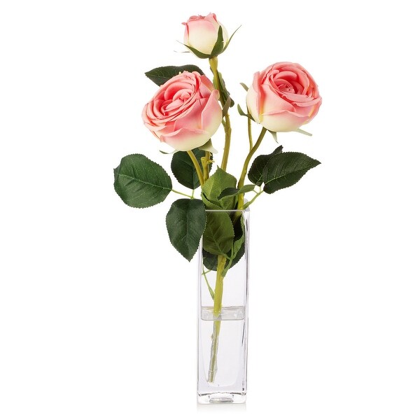 Enova Home Artificial Silk Rose Flower in Clear Glass Vase Faux Rose Flower with Vase For Home Office Decoration